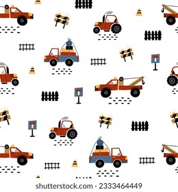 Children seamless pattern with childish tractor, wrecker and tractor lorry in hand drawn flat style. Endless fun cartoon kids ornament for fabric and fashion textile print. Vector background. EPS 10