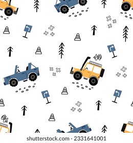 Los niños tienen un patrón impecable con truco infantil y pitido en estilo plano dibujado a mano. Interminables dibujos animados de niños adornan para tela y moda impresiones textiles. Fondo vectorial. EPS 10