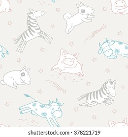 Children seamless pattern with  cute dogs, zebras and cows. Tender color palettes.