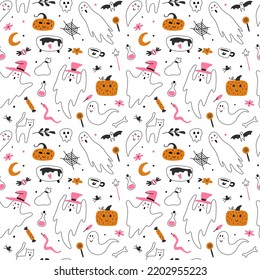 Children seamless pattern with cute ghost, pumpkins and skull on a white background. Vector illustration for Halloween. Ideal for fabric, textile, prints, scrapbooking, wrapping paper