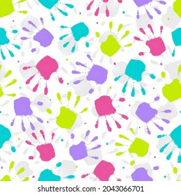 Children seamless pattern. Cute handprint background. Repeated color texture. Checked stamp printed. Repeating marks pattern. Kids printing. Checks patern for design child prints. Vector illustration