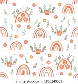 Children Seamless pattern design with with rainbows and florals. Vector illustration.