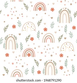 Children Seamless pattern design with with rainbows and florals. Vector illustration.