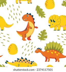 Children seamless pattern with Dino for fabrics, clothing, holidays, packaging paper, decoration. Vector illustration.