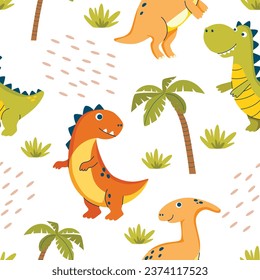Children seamless pattern with Dino for fabrics, clothing, holidays, packaging paper, decoration. Vector illustration.