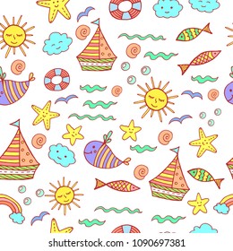 Children seamless pattern with doodle beach elements - sea, sun, shell, fish, ship, sun. Vector illustration.