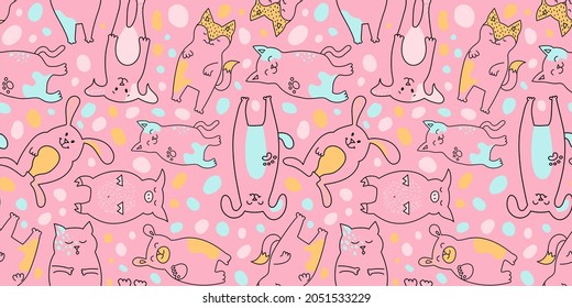 children seamless pattern of doodles of stylized cute animals. Kitten, dog, pig, fox, bear.