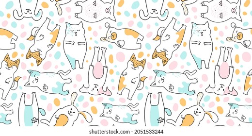children seamless pattern of doodles of stylized cute animals. Kitten, dog, pig, fox, bear.