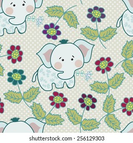 Children seamless pattern with elephants and flowers for the textile, fabric samples, paper