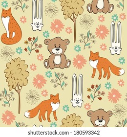 Children seamless pattern with foxes and hares