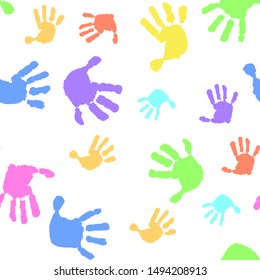 Children seamless pattern of hand print. Kid handprint background. Vector illustration of a prints of palms. Children's hands, baby palms, watercolor.