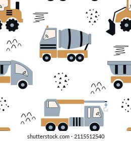 Patrón ininterrumpido de niños con máquinas de ayuda. Impresión dibujada a mano con un tractor, una grúa, un mezclador de hormigón y un camión. Niños simples antecedentes con autos de construcción al estilo escandinavo.