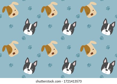 children seamless pattern with Jack Russell ans french bulldog drawing. Vector on blue background.