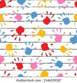 Children seamless pattern. Kid stamps background. Repeated cute handprint design for prints. Repeating color backdrop. Repeat cool patern. Funny baby texture. Abstract check bg. Vector illustration