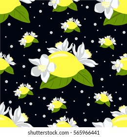 Children seamless pattern with lemon fruits and lemon flowers on black background