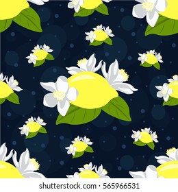 Children seamless pattern with lemon fruits and lemon flowers on dark background