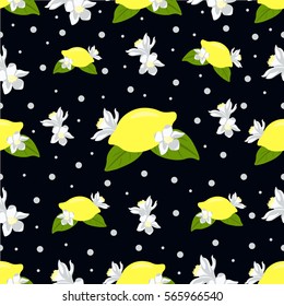 Children seamless pattern with lemon fruits and lemon flowers on dark background