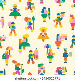 Children seamless pattern. Modern minimalistic design of crowd of people with school supplies or drawing supplies. Perfect for back to school themes, wrapping, advertising, invitations and more