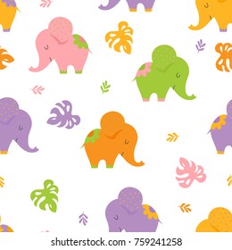 Children seamless pattern with multi-colored cartoon elephants and leaves on a white background. Vector illustration.