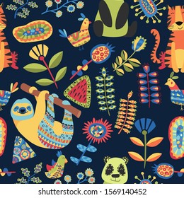 Children seamless pattern on dark background. Kids illustration with cute wild animals, tropical fantastic plants, flowers and colorful shapes. Ethnic pattern and mosaic. Hand drawn vector pictures.