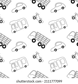 Children seamless pattern with outline cartoon cars: passenger, truck, camper, motorbike. Vector cute illustration for boy room decor, print, fabric, text.