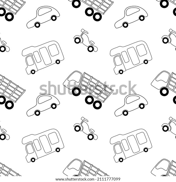 Children seamless pattern with\
outline cartoon cars: passenger, truck, camper, motorbike. Vector\
cute illustration for boy room decor, print, fabric,\
text.