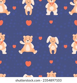 Children seamless pattern. Plush funny toy teddy bear and bunny on blue background with hearts. Vector illustration in cartoon style. Cute kids collection