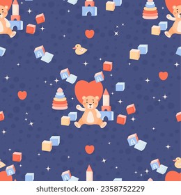 Children seamless pattern. Plush toy teddy bear, duck, cubes and pyramid on blue background. Vector illustration in cartoon style. Cute kids collection