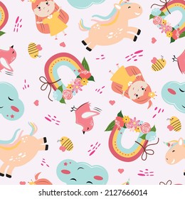 Children seamless pattern with a princess and unicorns. For textile, paper, wallpaper, backgrounds, packaging. Vector pattern.