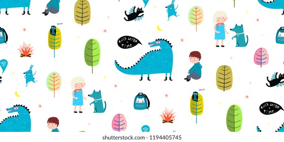 Children seamless pattern print dragon and kids. Kids drawing background print pattern with dinosaur and characters.