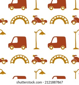 Children seamless pattern with red car, bike and brown streetlight and bridge. Cute illustration for kids room decor, print, fabric, background.
