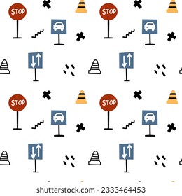 Children seamless pattern with signboard in hand drawn flat style. Endless fun cartoon kids ornament for fabric and fashion textile pint. Vector background.