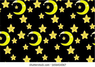 
Children seamless pattern of sleeping moon and stars on a black background