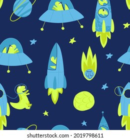 Children seamless pattern with space dinosaur. Neon bright dinosaurs traveling in space on a rocket. Dino travels in a rocket through the galaxy. Flat illustration images.