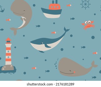 Children seamless pattern. Vector illustration of crab, sperm whale, blu whale and fishes. Cartoon cute animals