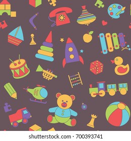 Children seamless pattern vector illustration with different baby toys