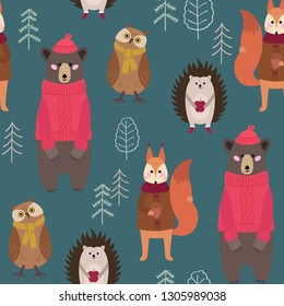 Children seamless pattern with woodland animals, funny cartoon characters. Bear, owl, squirrel and hedgehog in the forest.