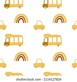Children seamless pattern in yellow colors with cartoon cute illustrations: passenger car, camper, rainbow. Nice illustration for wallpaper, fabric, text.