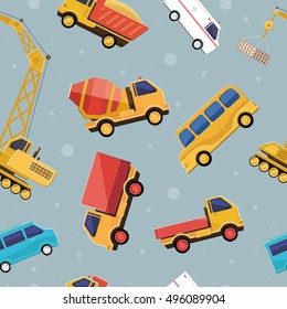 Children seamless texture construction vehicles, ambulance, truck, car, bus. Vector wallpaper, fabrics.