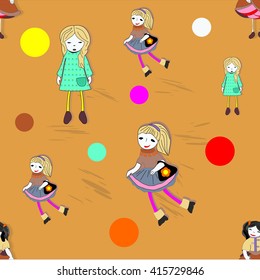 Children seamless texture  with small puppets and colorful circles on a dark orange background.