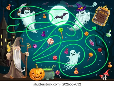 Children search path game with Halloween ghosts, candy and sorcerer character. Child find way activity, cartoon vector kid labyrinth play exercise with wizard, Halloween pumpkin lantern and spellbook