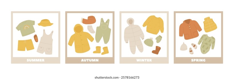 Children seasonal trendy outfits, kids clothes for cold and warm weather, baby apparels collection. Summer, spring, winter, autumn fashion season garment for youngster set vector illustration