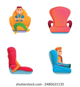 Children seat icons set cartoon vector. Different type of child restraint. Safety concept