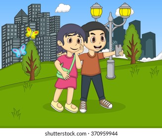 Children self-ie in the park cartoon vector illustration