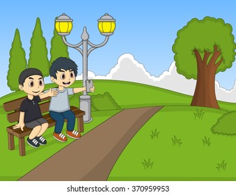 Children self-ie in the park cartoon vector illustration