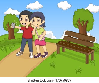 Children self-ie in the park cartoon vector illustration