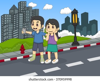 Children self-ie in the park cartoon vector illustration