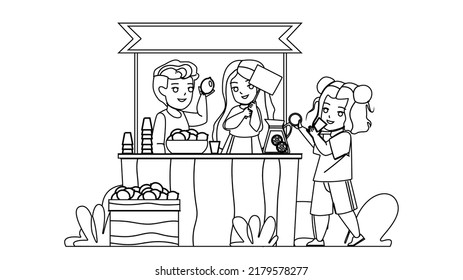 Children Selling Lemonade Drink Outdoor Vector. Boy And Girl Kids Preparing And Selling Lemonade Delicious And Sweet Beverage. Characters Schoolboy And Schoolgirl black line illustration