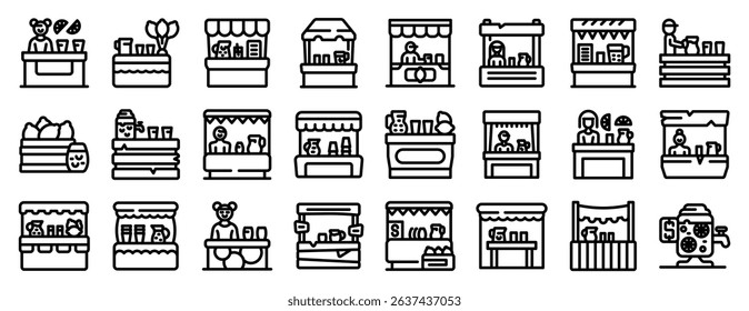 Children selling lemonade icons set. Collection of icons depicting market stalls with different products