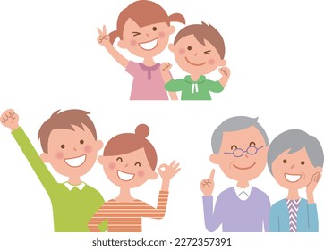 Children, senior couples and young couples making various poses